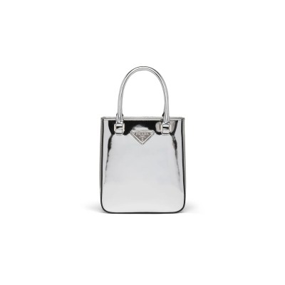 PRADA SMALL TRIANGLE PLAQUE TOTE BAG IN SILVER 1BA331 (17.5*15*5cm)